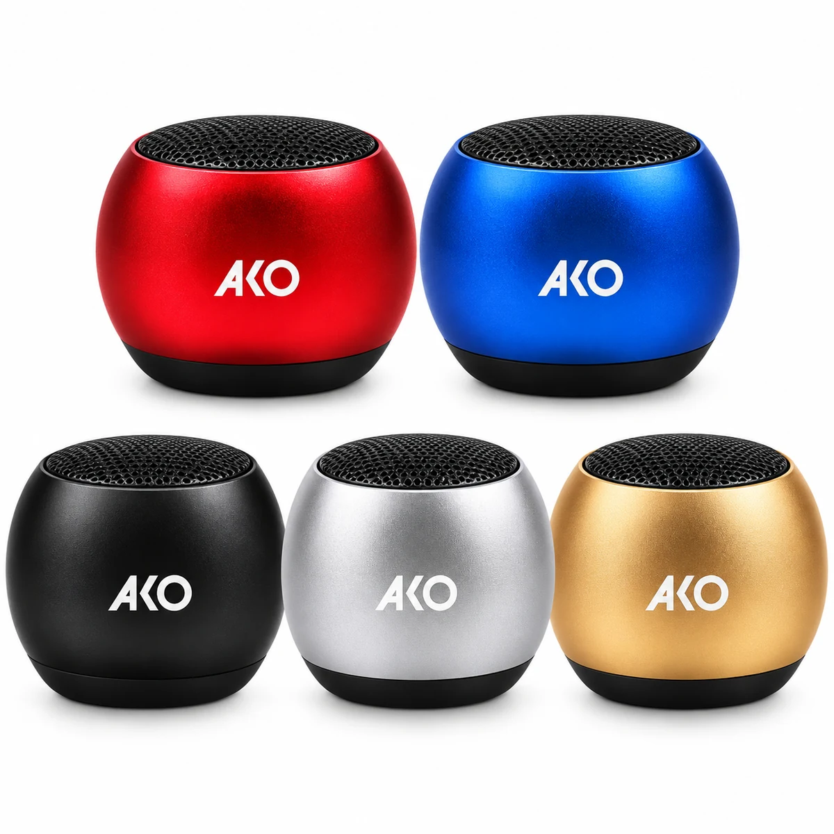 AKO-AS30-5-colors اسپیکر بلوتوثی مینی AKO مدل AS-30 در پنج رنگ قرمز، آبی، مشکی، نقرهای و طلایی با طراحی کوچک و قابل حمل