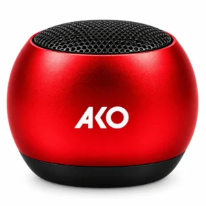 اسپیکر بلوتوثی قابل حمل AKO مدل AS-30 رنگ قرمز در کنار جعبه اصلی محصول با طراحی کوچک و جمع‌وجور