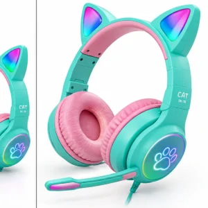 نمای نزدیک هدست گربه ای BK-78 فیروزه‌ای و صورتی با میکروفون بوم‌دار، بالشتک نرم و گوش‌های نورپردازی‌دار