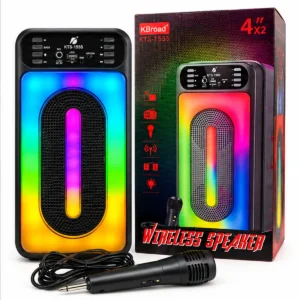 نمای زاویه‌دار اسپیکر KBroad KTS-1555 با بدنه مشکی و نورپردازی رنگی