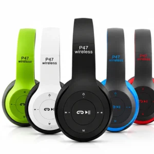 هدفون بلوتوثی P47 Wireless در پنج رنگ سبز، سفید، مشکی، آبی و قرمز با دکمه‌های کنترل روی گوشی