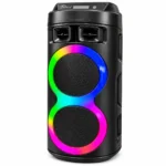 نمای زاویه‌دار اسپیکر شارژی Sing-e ZQS-6212 مشکی با دو بلندگوی ۶.۵ اینچی و نورپردازی رنگی