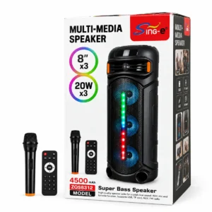 اسپیکر بلوتوثی ZQS-8312 همراه جعبه محصول، میکروفون و کنترل از راه دور