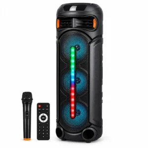اسپیکر بلوتوثی ایستاده ZQS-8312 مشکی با سه بلندگوی ۸ اینچی، نورپردازی RGB، میکروفون و ریموت کنترل