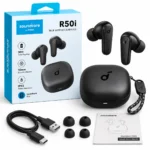 نمای هندزفری Anker Soundcore R50i مدل A3949 در کنار تصویر بسته‌بندی آبی و سفید Soundcore