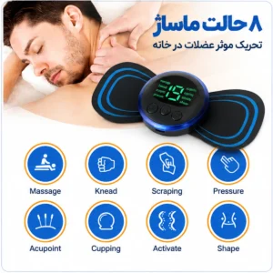 تصویر تبلیغاتی ماساژور پروانه‌ای EMS همراه کابل شارژ و پد الکترودی