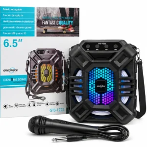 اسپیکر بلوتوثی گریت نایس GTS-1222 همراه جعبه محصول و میکروفون سیمی با بلندگوی ۶.۵ اینچی
