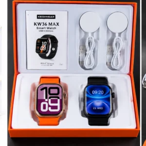 پک دو ساعت هوشمند KEQIWEAR KW36 Max شامل ساعت بند نارنجی و ساعت بند مشکی در جعبه باز