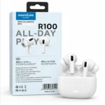 هندزفری بی‌سیم R100 سفید همراه کیس شارژ و جعبه آبی روشن Soundcore by Anker با نوشته ALL-DAY PLAY
