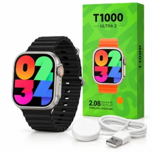 ساعت هوشمند T1000 Ultra 2 با بدنه نقره‌ای، بند مشکی، شارژر مغناطیسی و جعبه سبز