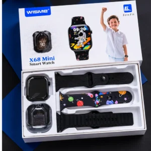 ساعت هوشمند بچگانه WISME X68 Mini همراه جعبه سفید، بند مشکی، بند فضانوردی و لوازم جانبی