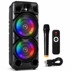 اسپیکر بلوتوثی قابل حمل ZQS-8210 مشکی با دو بلندگوی ۸ اینچی روی زمینه سفید